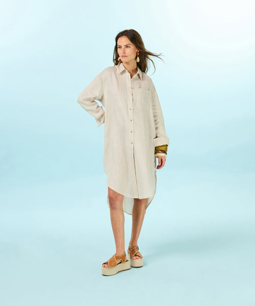 Vestido camisero de lino - Beige - Mujer