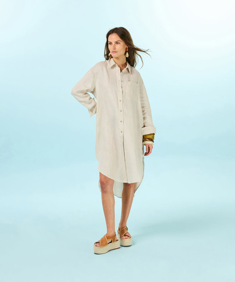 Vestido camisero de lino - Beige - Mujer