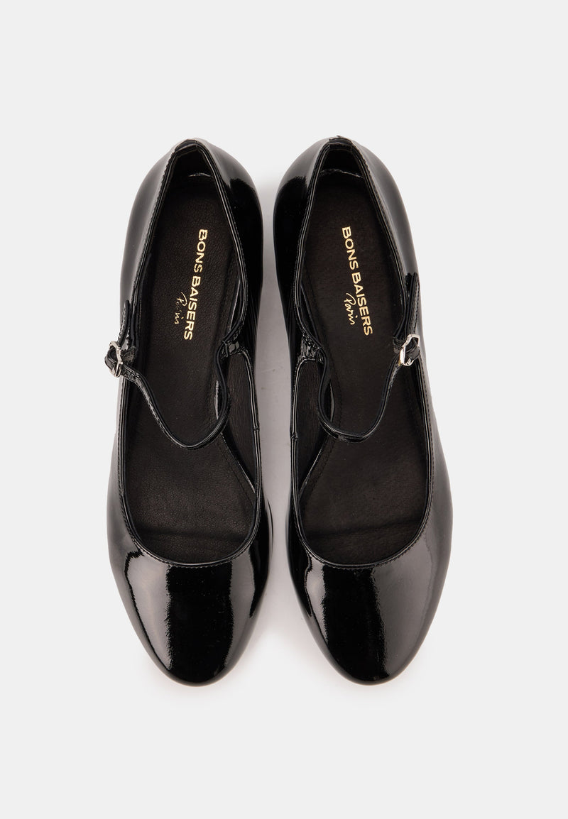 Babies À Brides - Cuir Brillant Noir - Alba