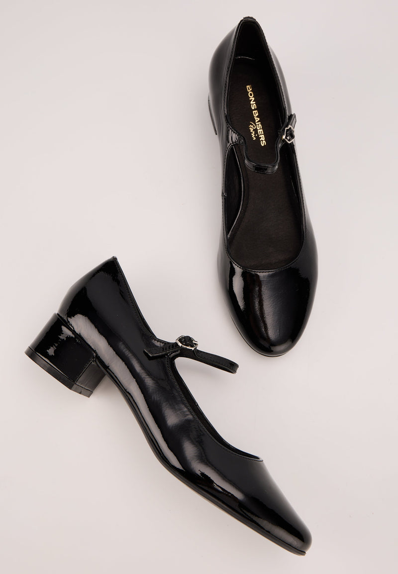 Babies À Brides - Cuir Brillant Noir - Alba