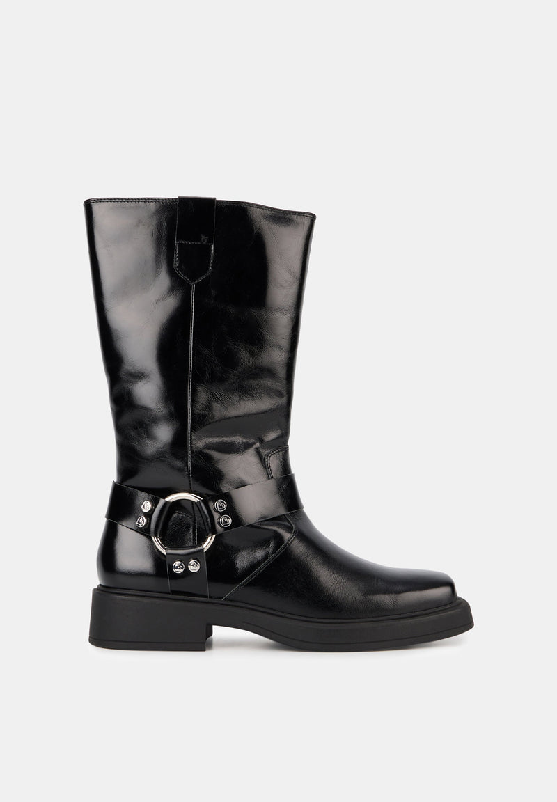 Bottes À Boucles- Cuir Brillant Noir - Talia