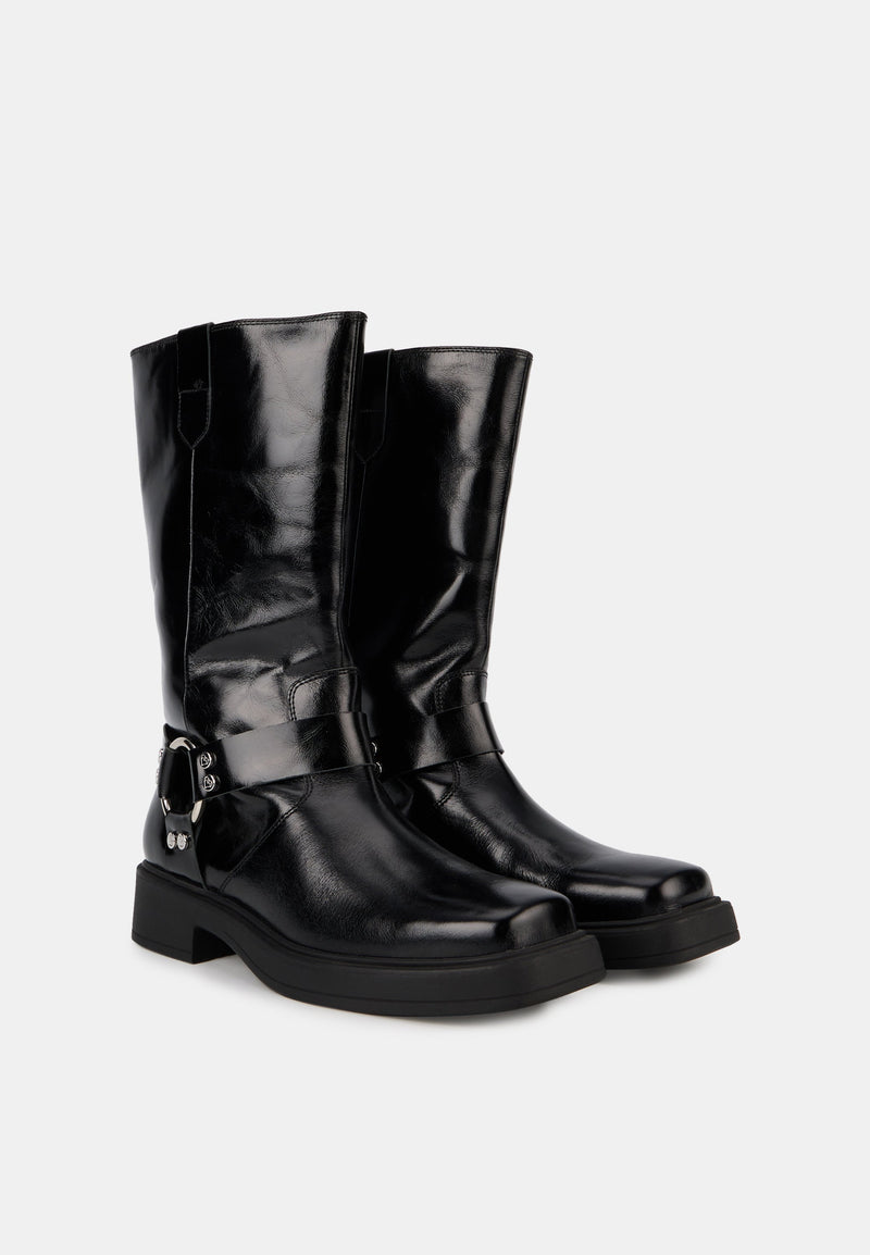 Bottes À Boucles- Cuir Brillant Noir - Talia