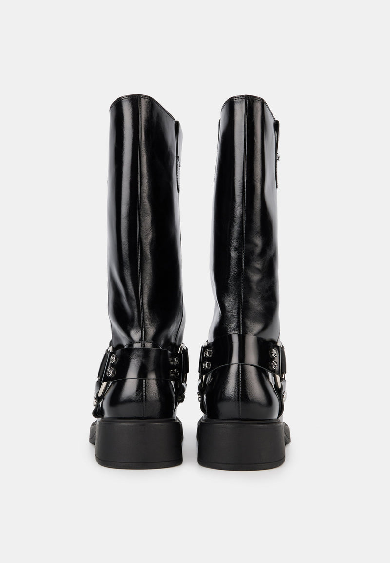Bottes À Boucles- Cuir Brillant Noir - Talia