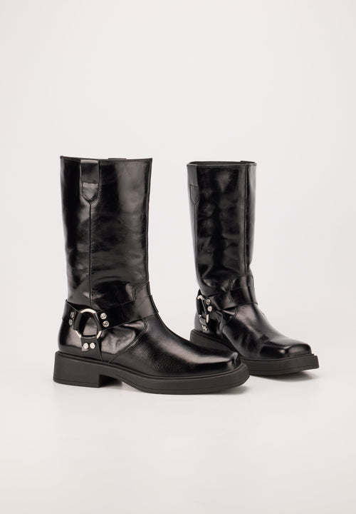 Bottes À Boucles- Cuir Brillant Noir - Talia