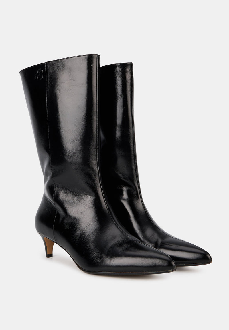 Bottines À Talons - Cuir Noir Brillant - Yolanda