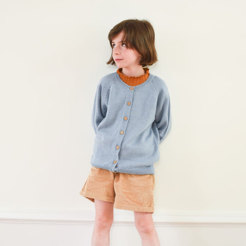 Cardigan Victorien Tricot Bleu Chiné 100% Laine - Enfant