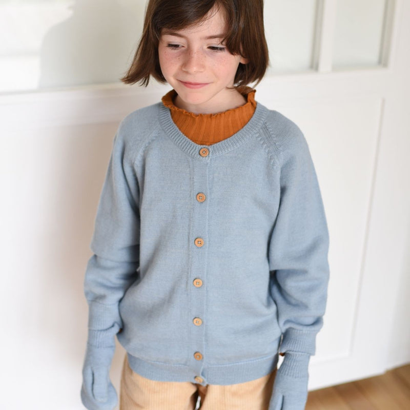 Cardigan Victorien Tricot Bleu Chiné 100% Laine - Enfant