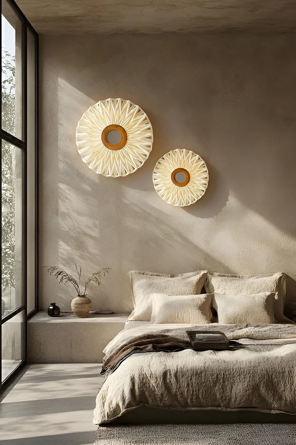 Lámpara de pared pequeña de tela Matahari - Blanco plisado con espejo