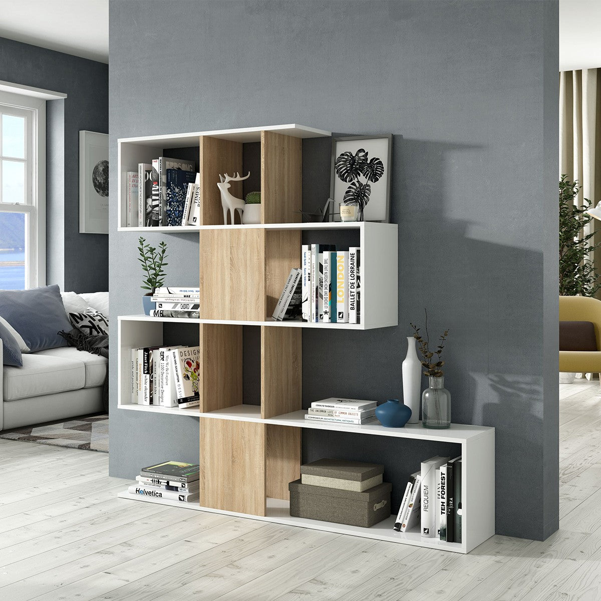Zigzag - Bookcase with 4 Levels and 11 Compartments - Light Wood