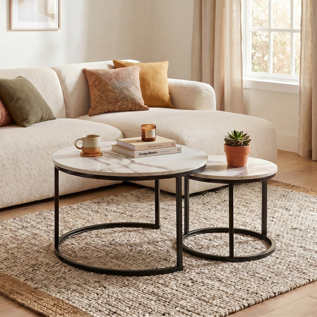 Lenny - Set of 2 Round Nesting Coffee Tables - Marble & Black
