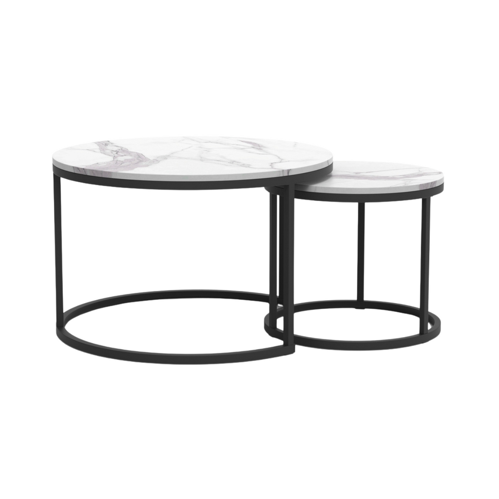Lenny - Set of 2 Round Nesting Coffee Tables - Marble & Black