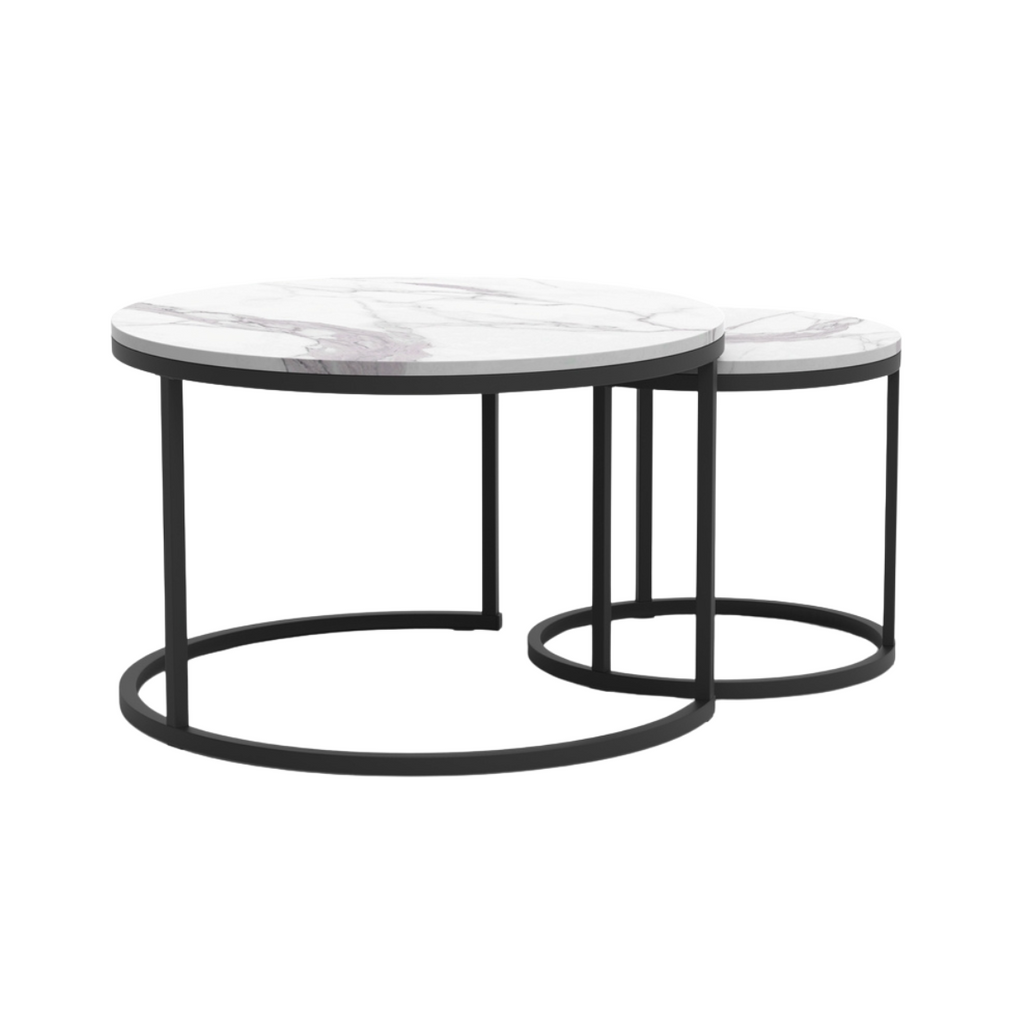 Lenny - Set of 2 Round Nesting Coffee Tables - Marble & Black