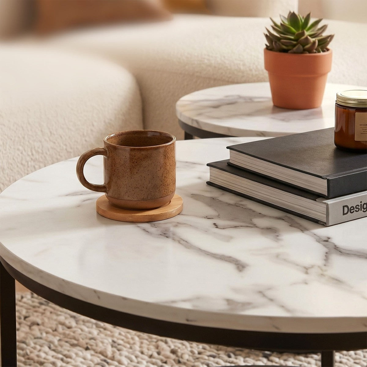Lenny - Set of 2 Round Nesting Coffee Tables - Marble & Black