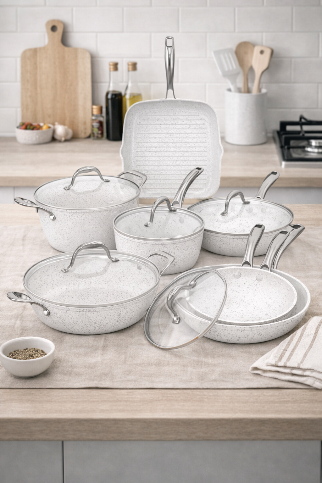 13-Piece Cookware Set - Stonewhite - Steel Handles