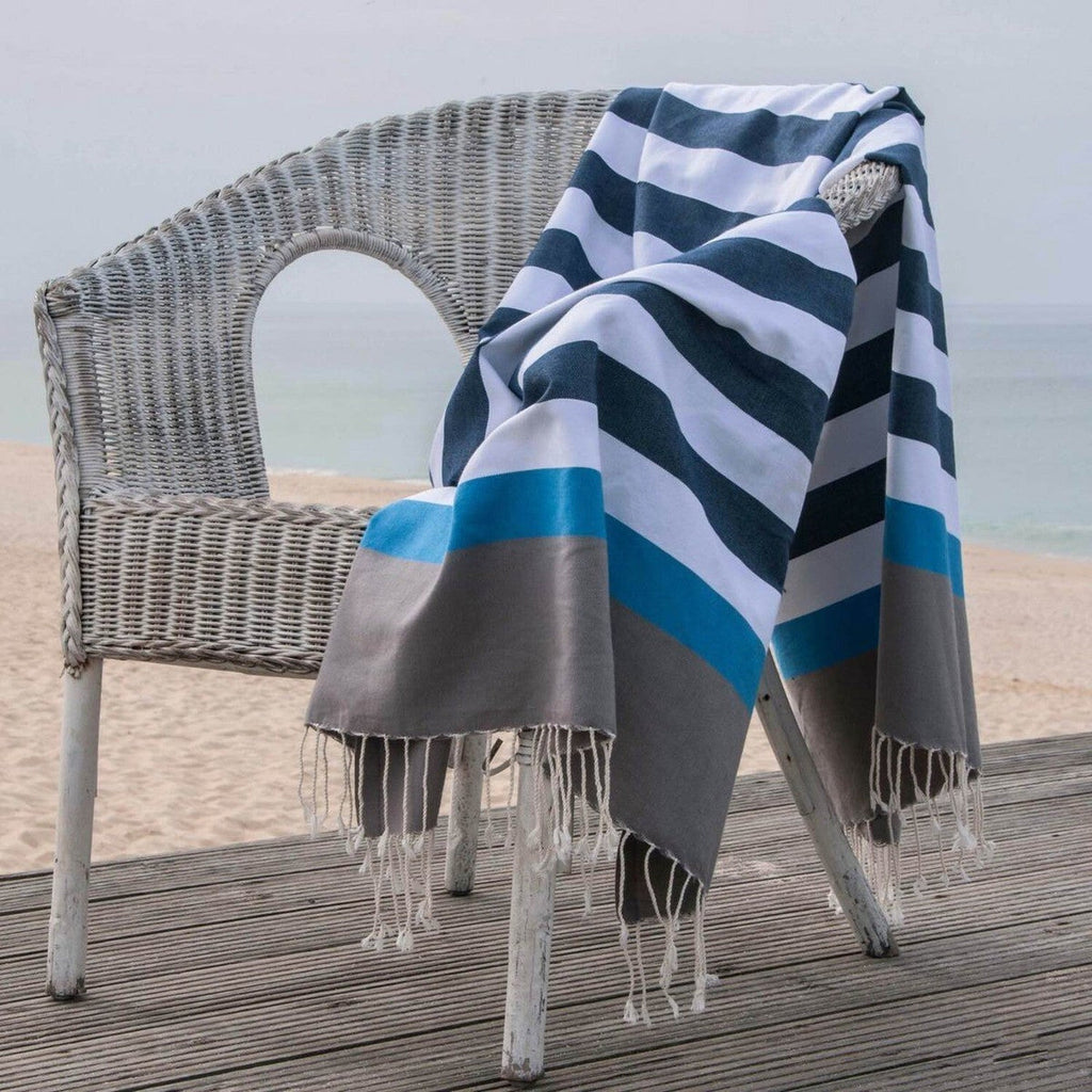Tricolor cotton fouta 100x200 ARCACHON denim blue / azure blue