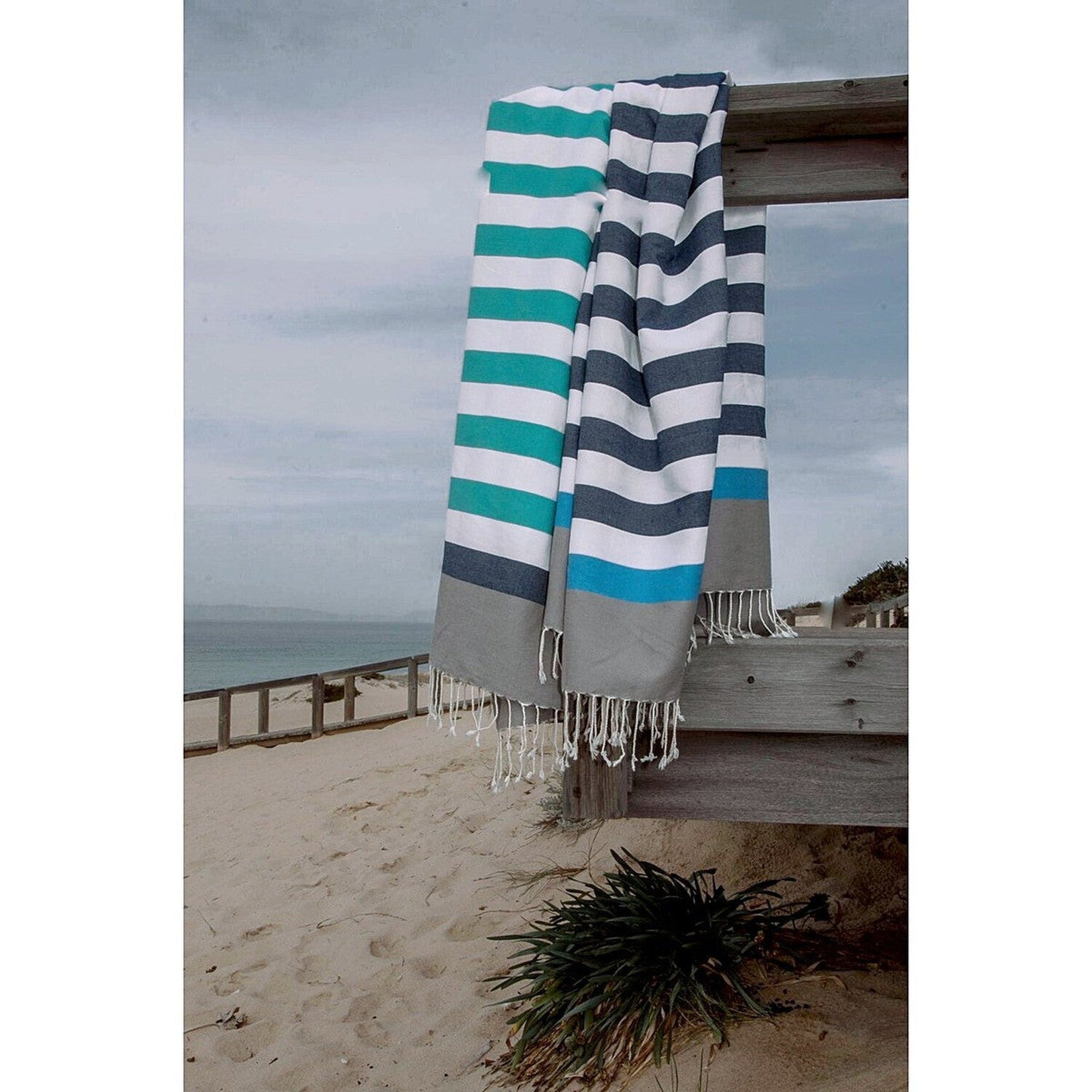 Tricolor cotton fouta 100x200 ARCACHON denim blue / azure blue