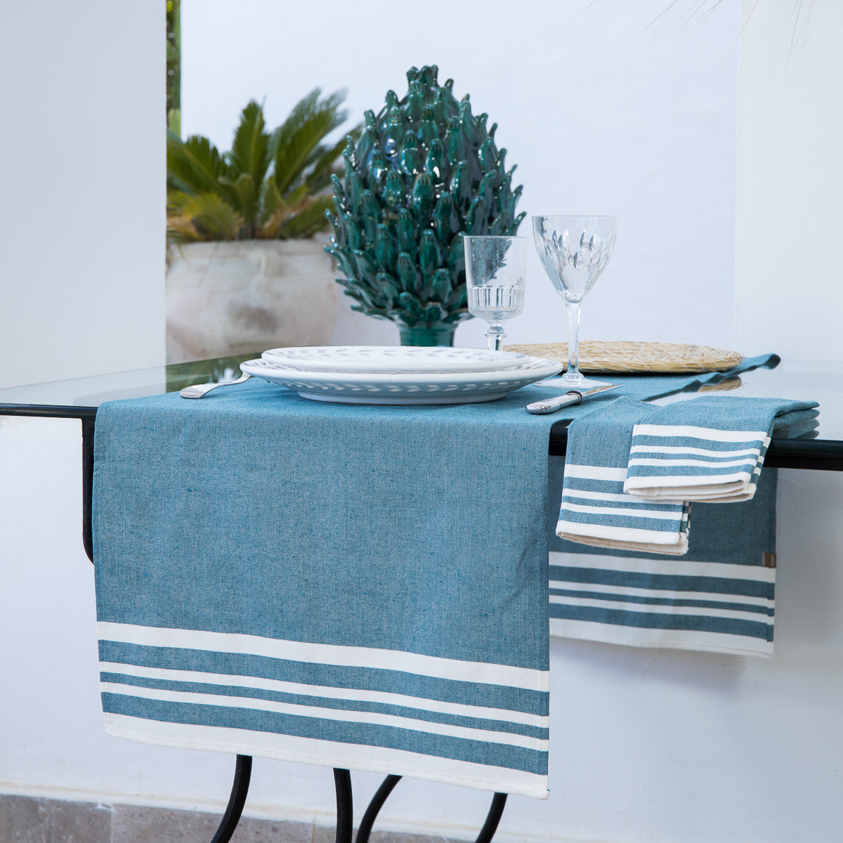 Cotton Table Runner 50x150 - Mahdia - Petrol Blue