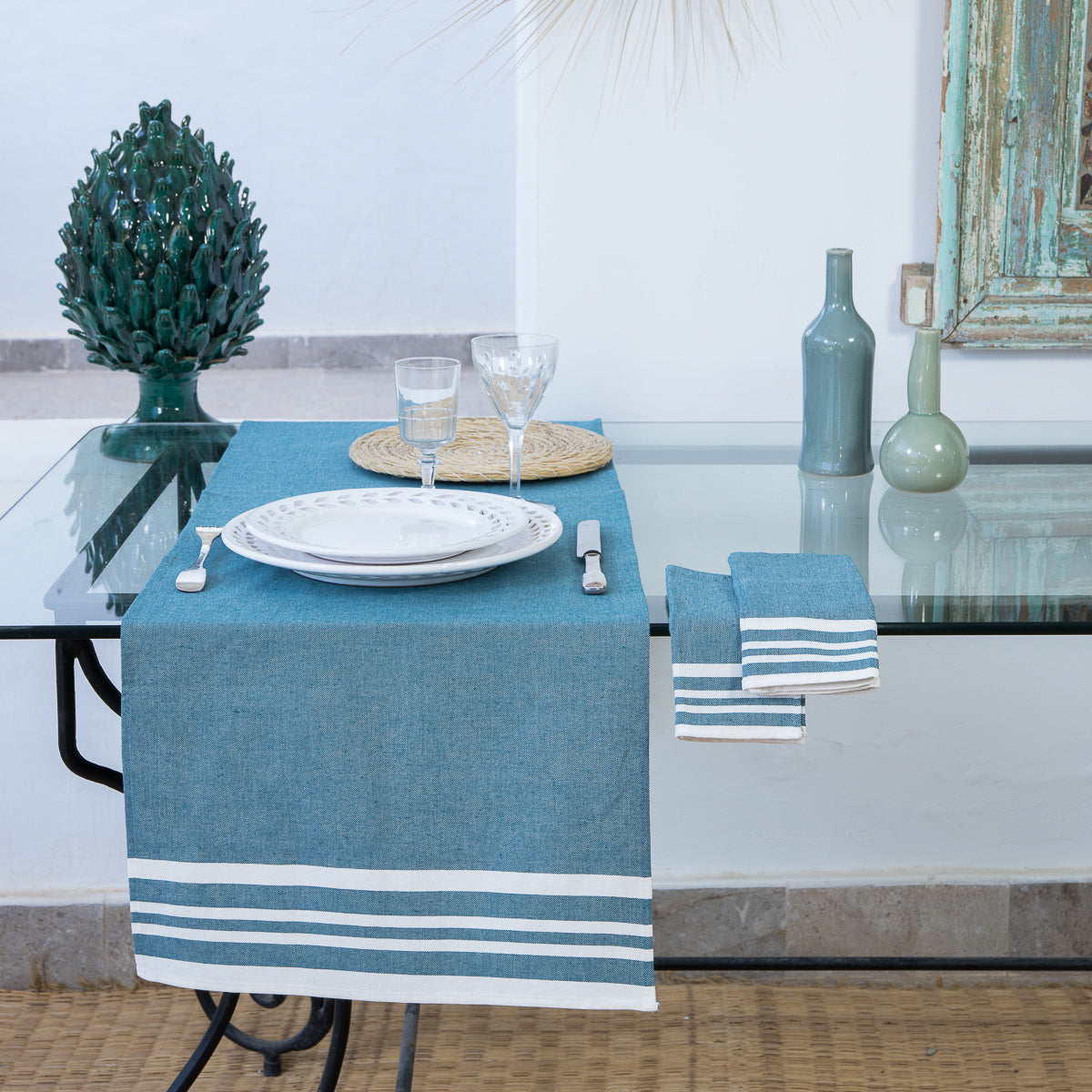 Cotton Table Runner 50x150 - Mahdia - Petrol Blue