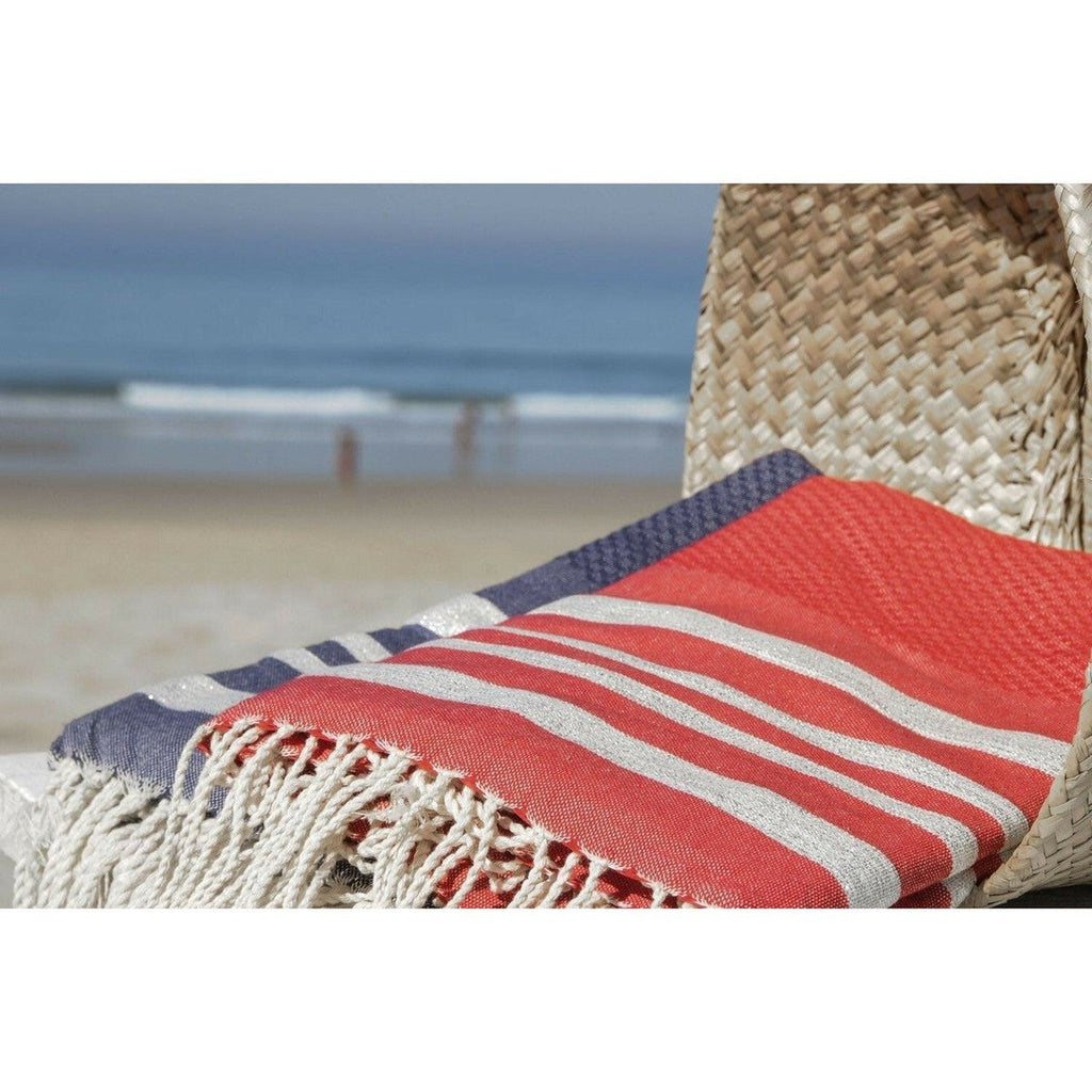 Fouta Nid D'Abeille Coton 100X200 Hamptons Rouge / Argent