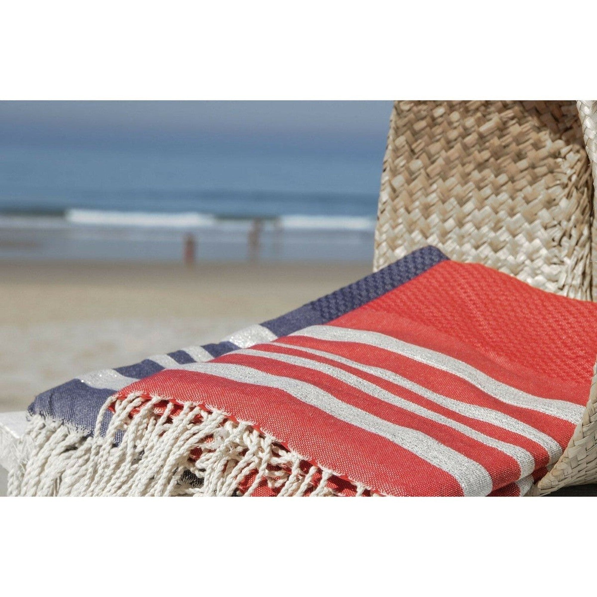 Fouta Nid D'Abeille Coton 100X200 Hamptons Rouge / Argent