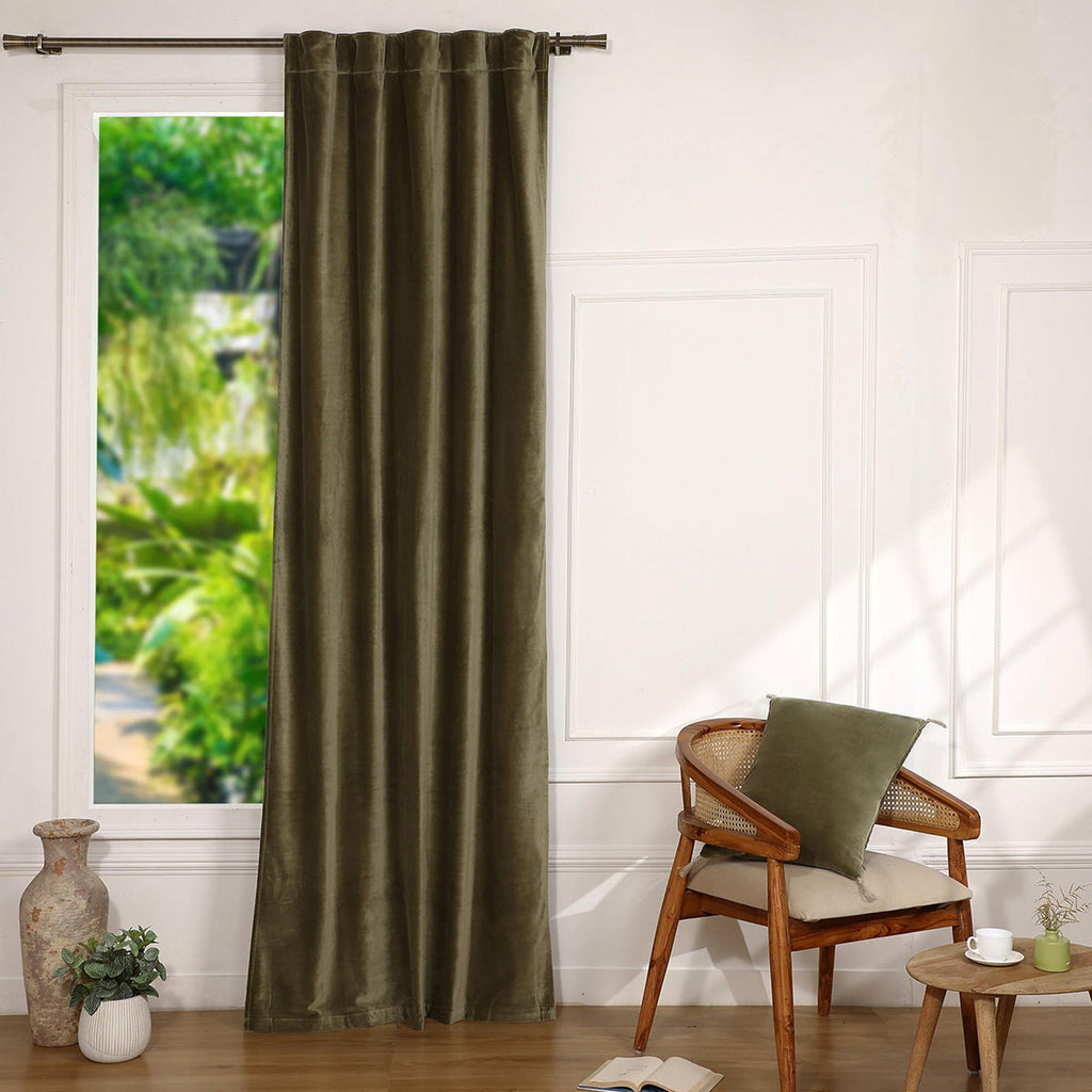 Velvet - Tab-Top Curtain - Cotton Velvet - Khaki Green
