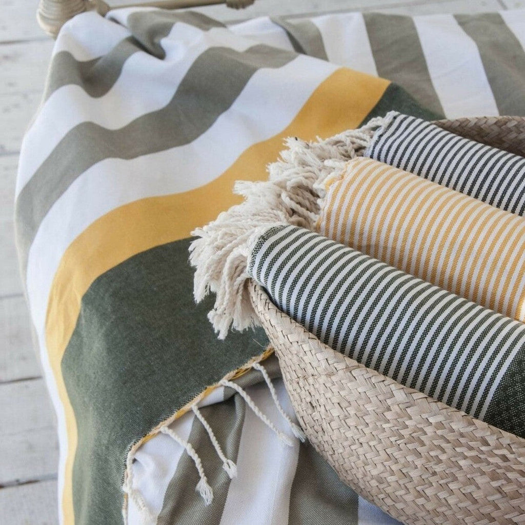 Tricolor cotton fouta 100x200 ARCACHON light taupe / saffron / khaki green