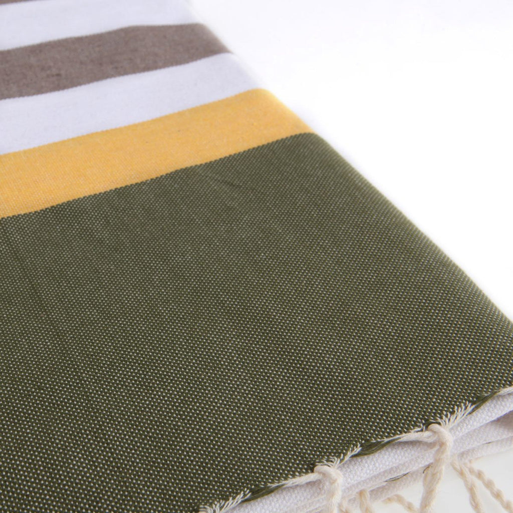 Tricolor cotton fouta 100x200 ARCACHON light taupe / saffron / khaki green