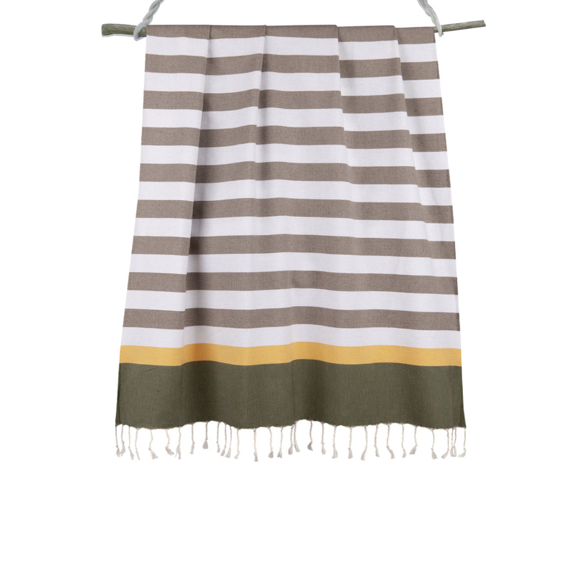 Tricolor cotton fouta 100x200 ARCACHON light taupe / saffron / khaki green