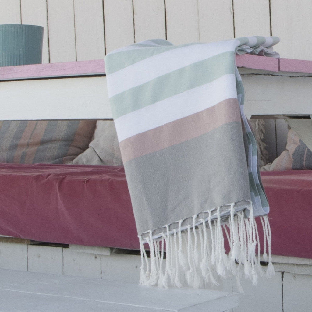 Tricolor cotton fouta 100x200 ARCACHON eau de nil / pale pink