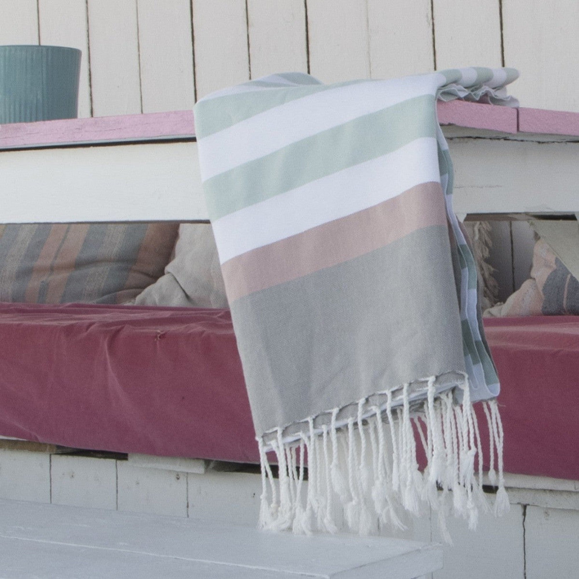 Tricolor cotton fouta 100x200 ARCACHON eau de nil / pale pink