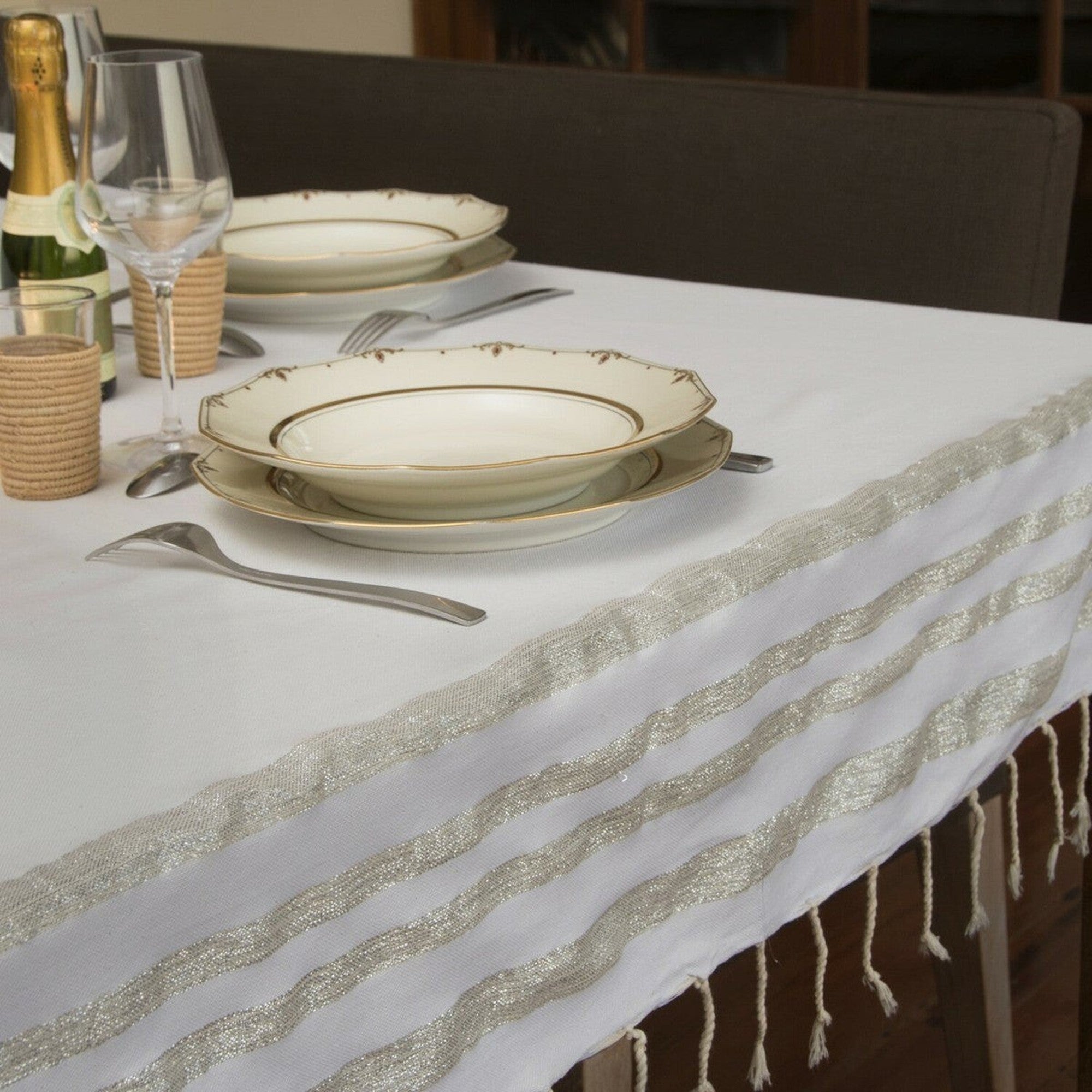 Cotton tablecloth 150x250 HAMPTONS white / silver