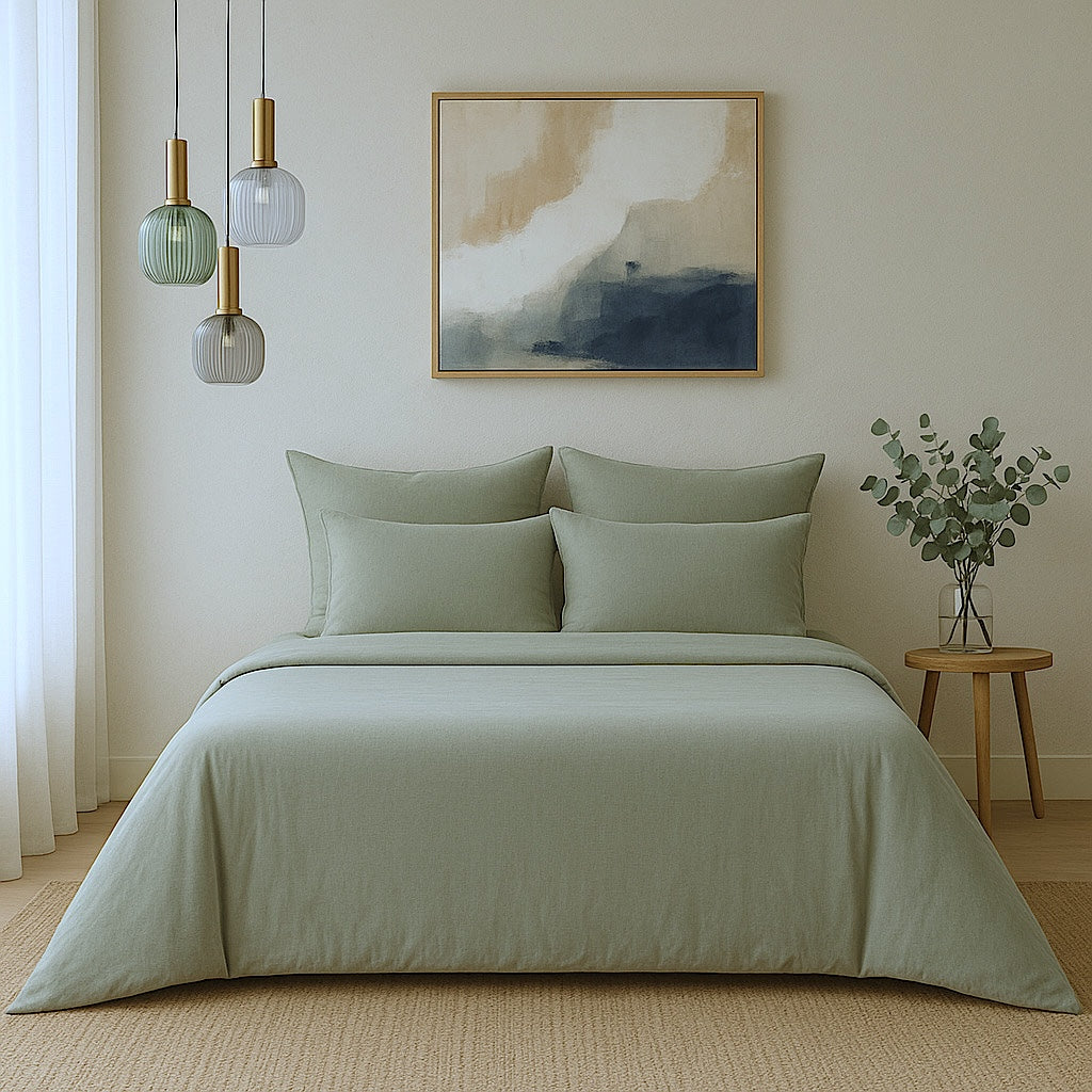 Gaia - Parure + Taies - Satin Lavé De Coton Bio - Vert Céladon