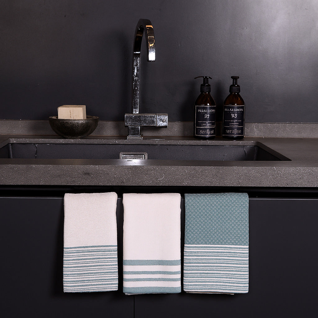 Set of 3 Cotton Tea Towels 45x70 - Mahdia - Petrol Blue