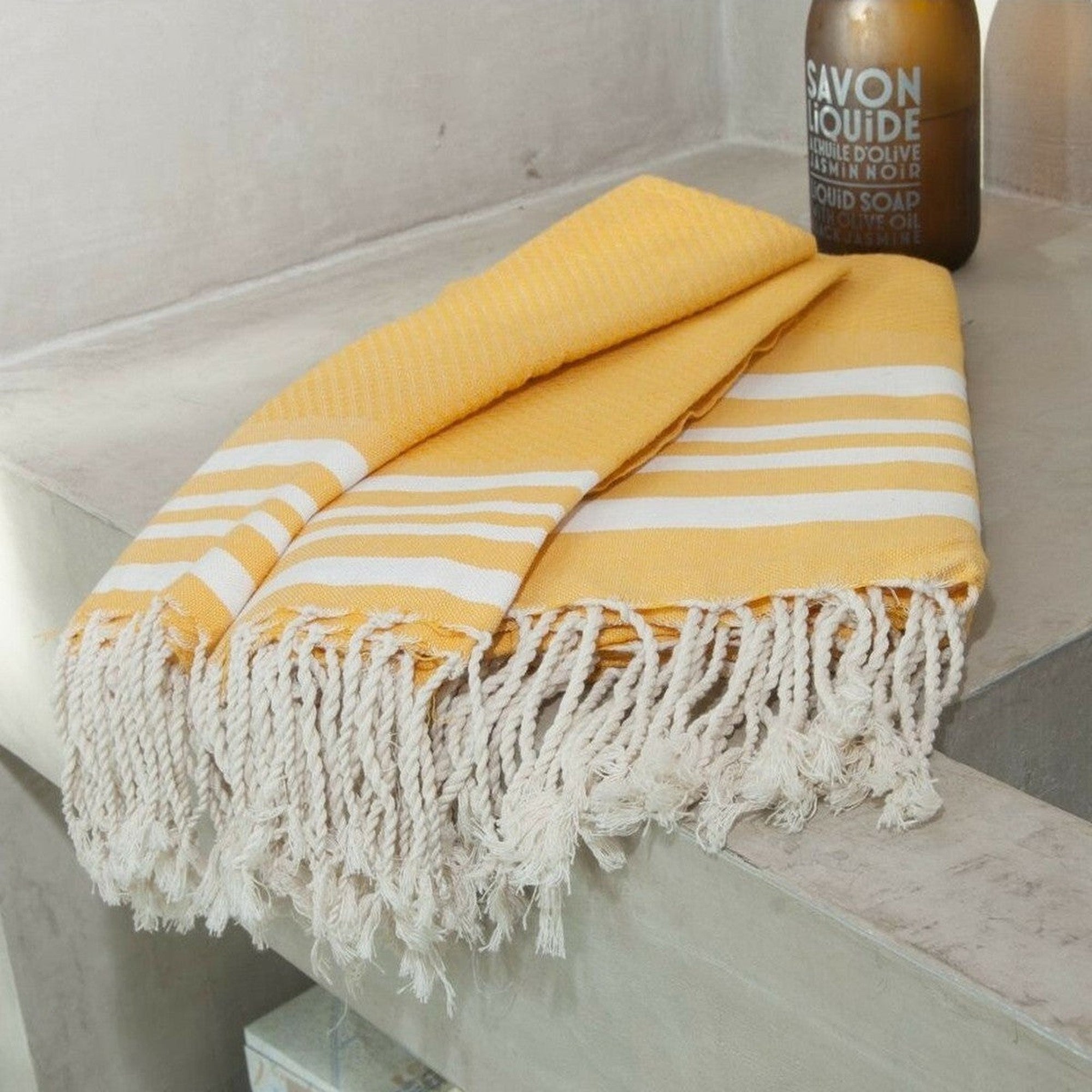 Foutas De Bain (1+2) Coton 100X200+2(40X60) Hamptons Jaune Safran / Blanc
