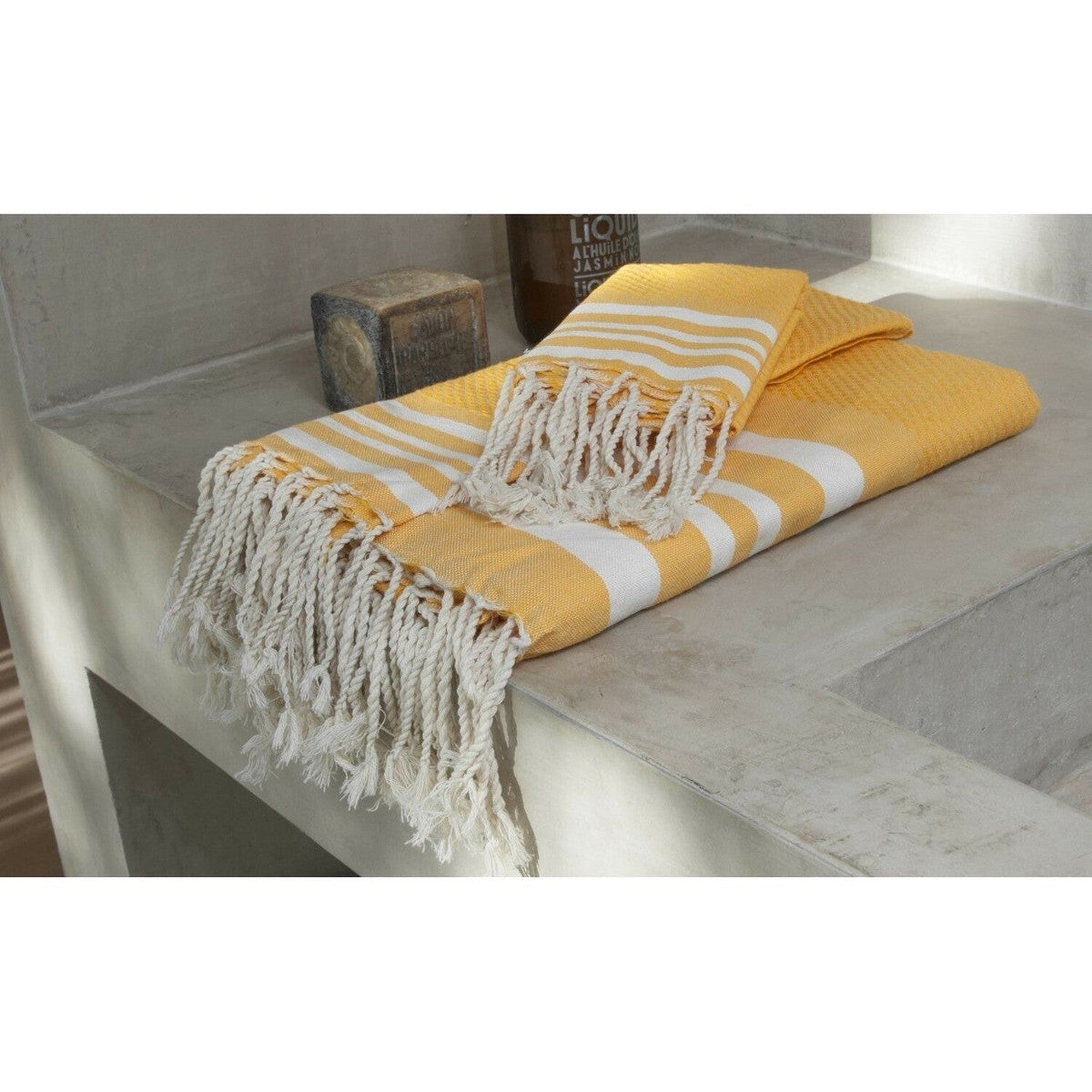 Foutas De Bain (1+2) Coton 100X200+2(40X60) Hamptons Jaune Safran / Blanc