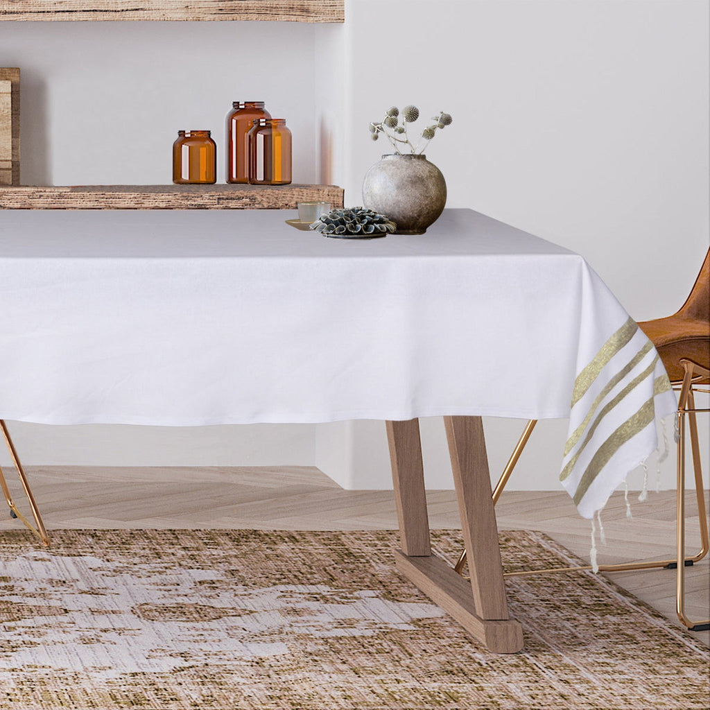Mantel de algodón 150x250 HAMPTONS blanco / dorado