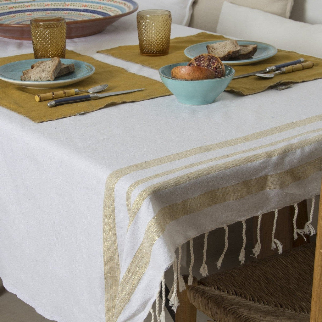 Mantel de algodón 150x250 HAMPTONS blanco / dorado