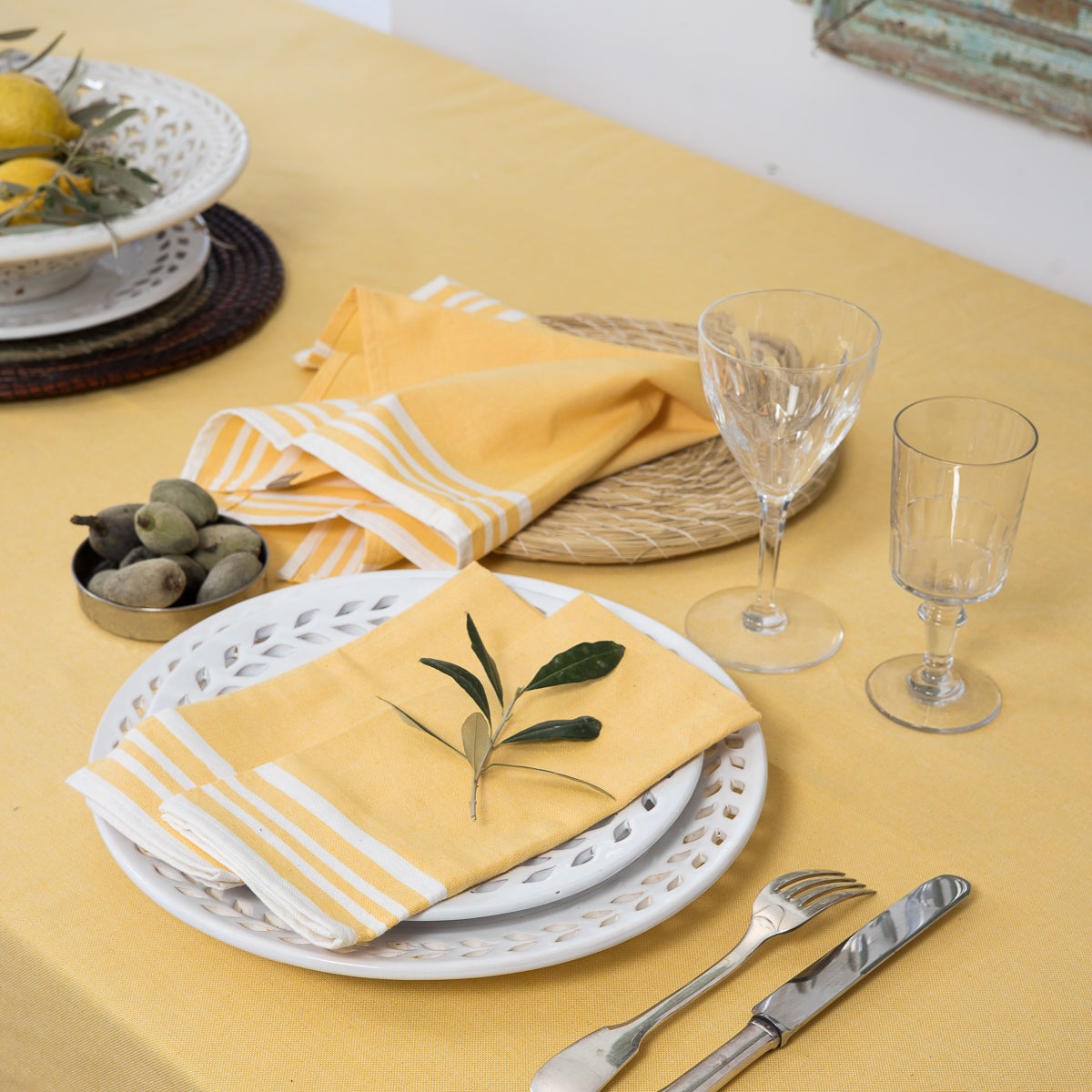 Tablecloth &amp; 8 Cotton Napkins 180X350 - Mahdia - Mustard Yellow