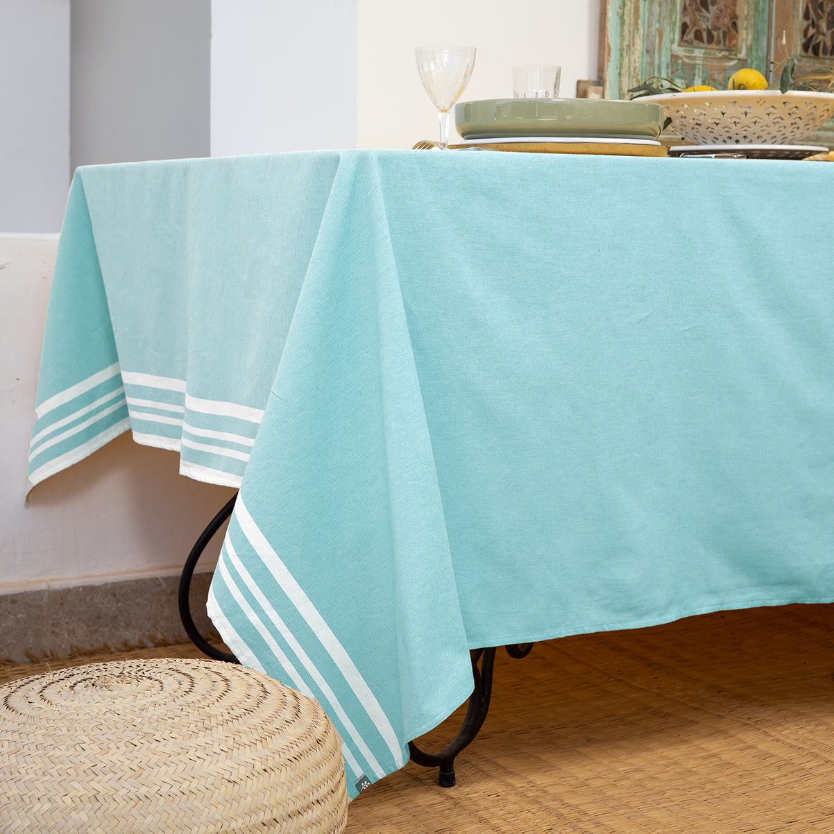 Tablecloth &amp; 8 Cotton Napkins 180X350 - Mahdia - Aqua Green