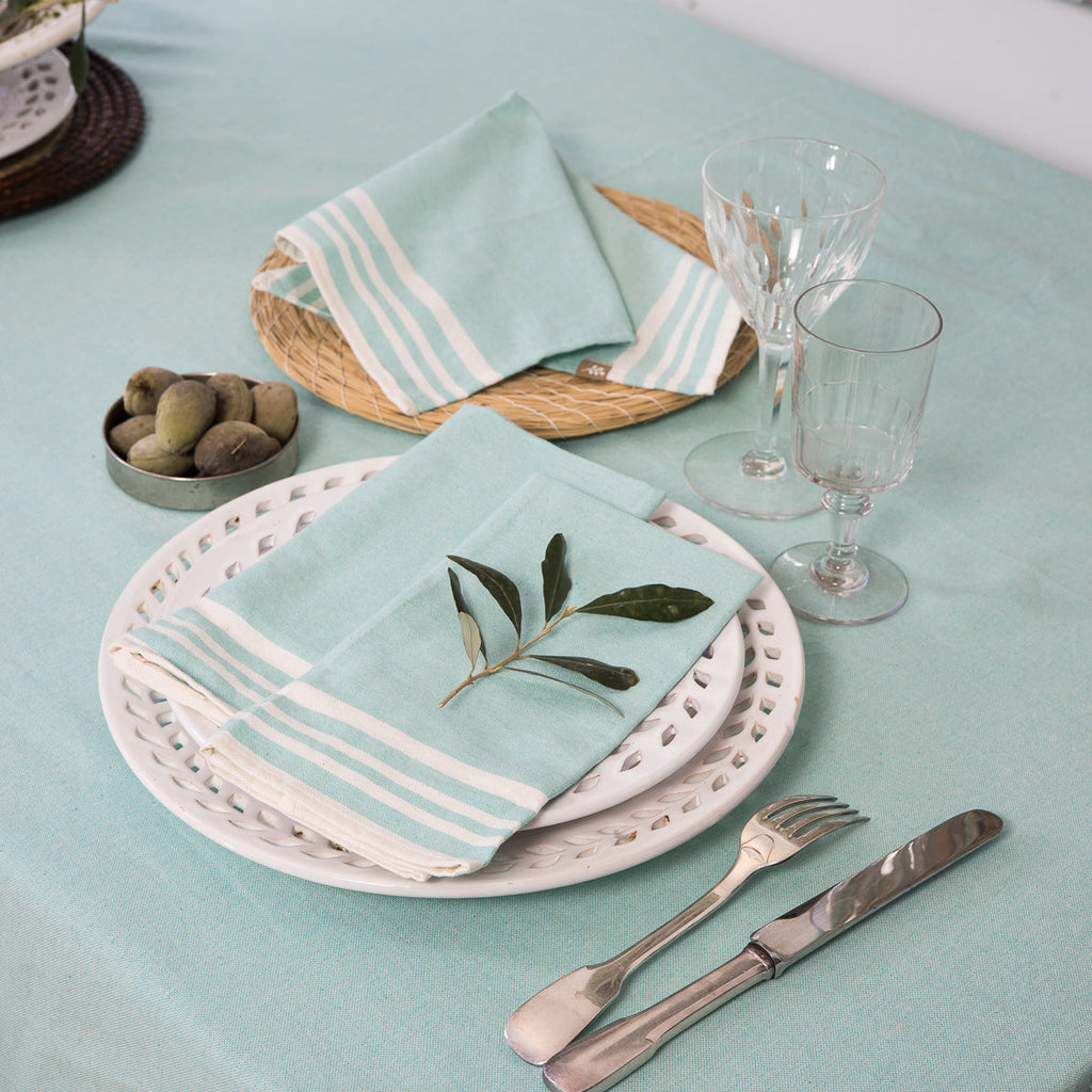 Tablecloth &amp; 8 Cotton Napkins 180X350 - Mahdia - Aqua Green
