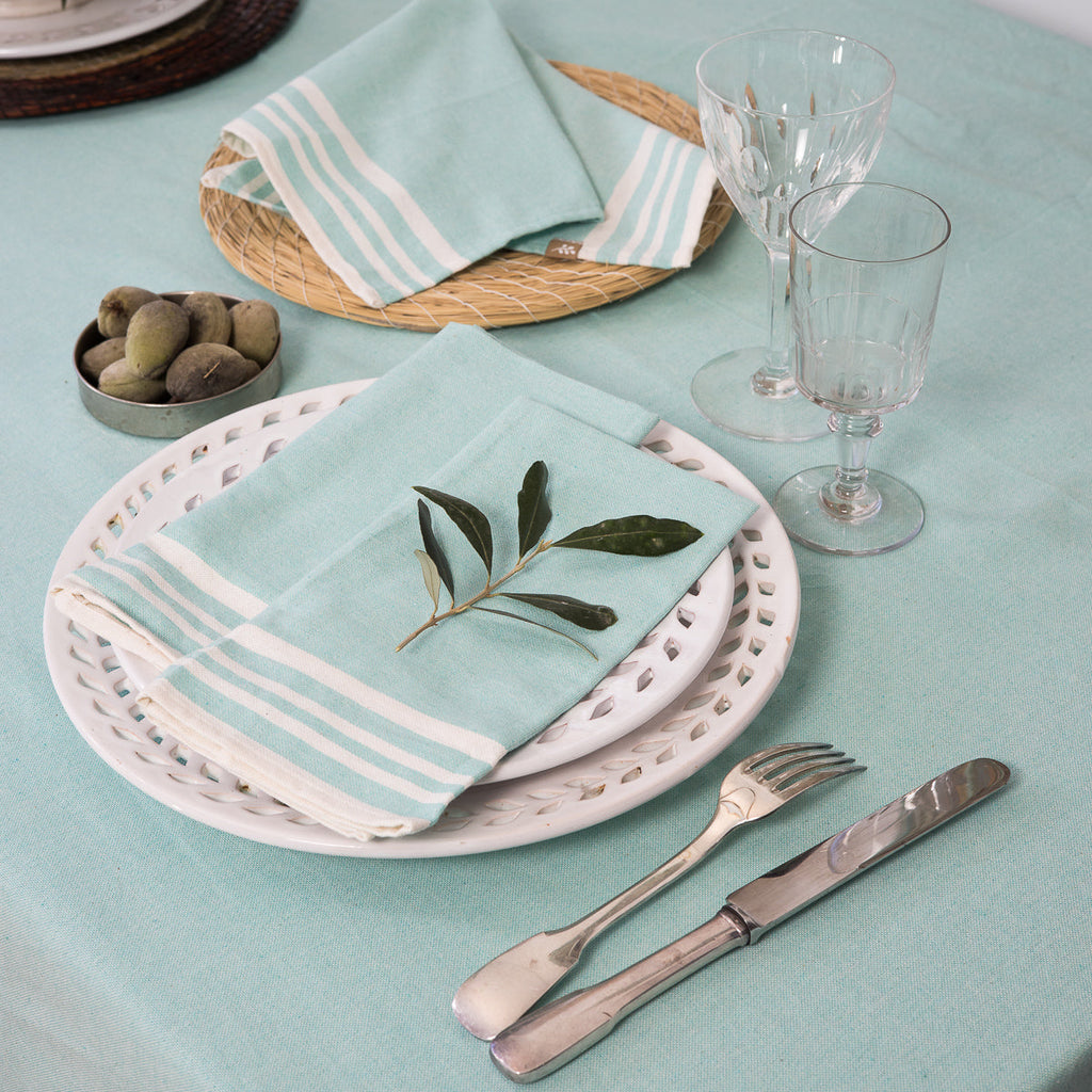 Tablecloth &amp; 8 Cotton Napkins 180X350 - Mahdia - Aqua Green