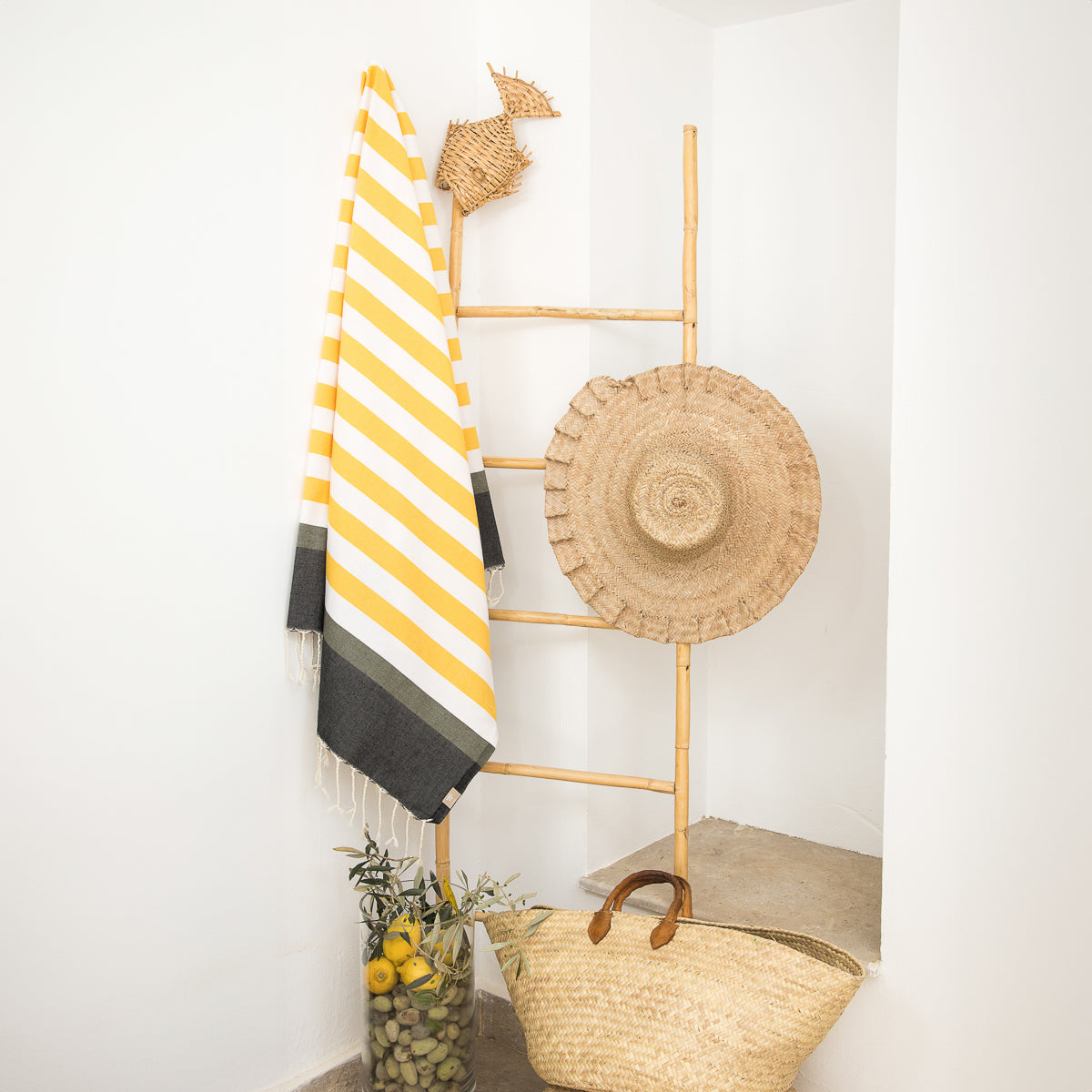 Fouta Arcachon Tricolor - Amarillo / Negro / Caqui - Algodón
