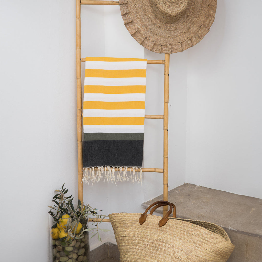 Fouta Arcachon Tricolor - Amarillo / Negro / Caqui - Algodón