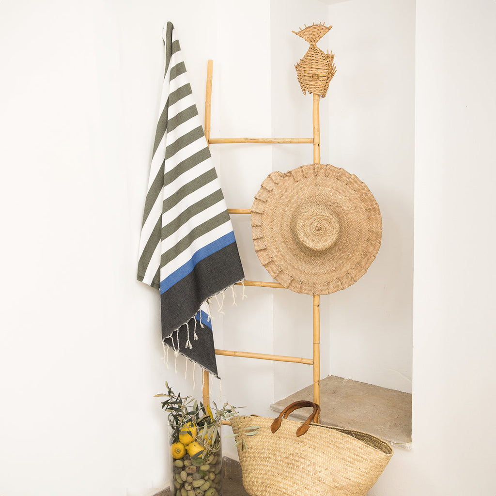 Fouta Arcachon Tricolor - Verde Caqui / Negro / Azul - Algodón