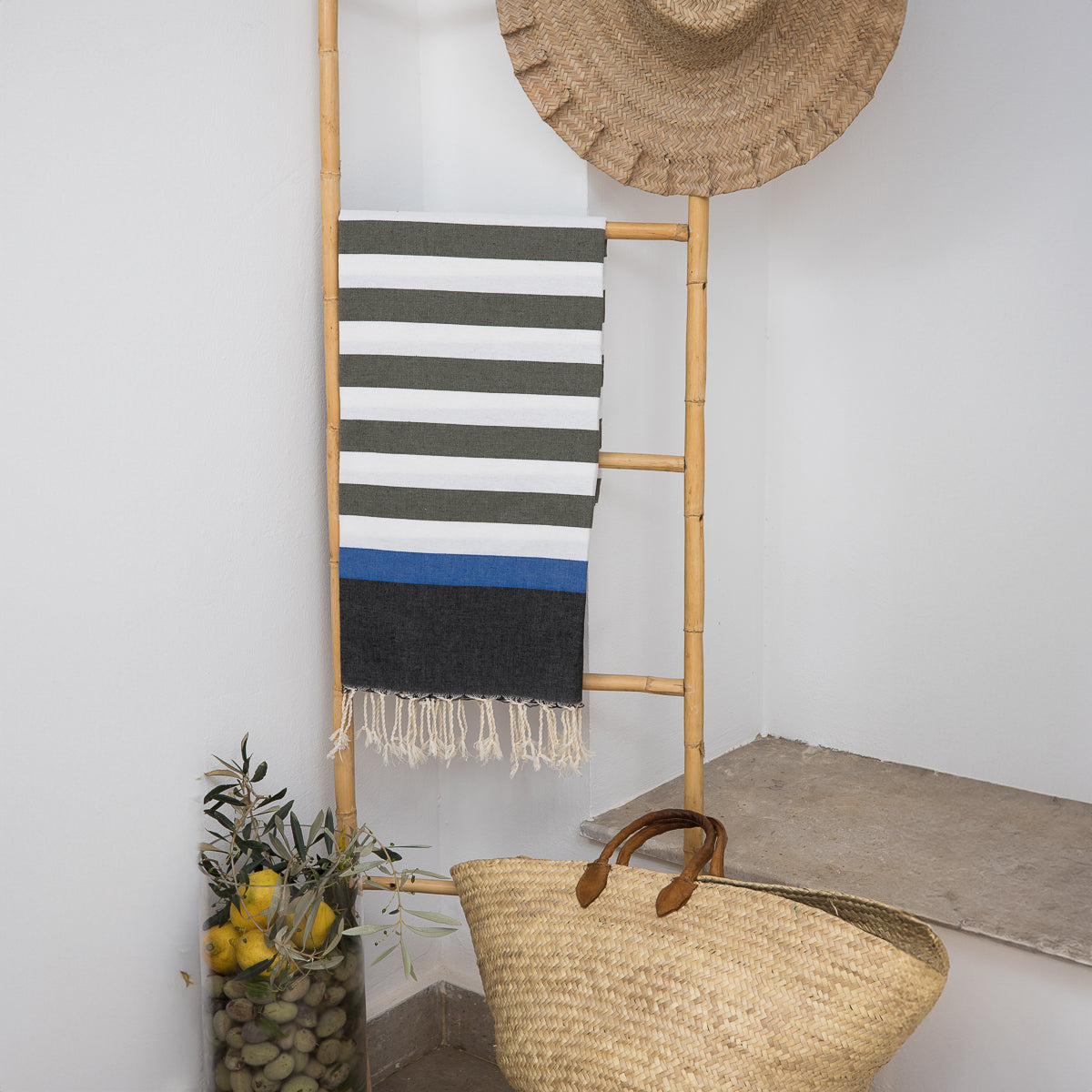 Fouta Arcachon Tricolor - Verde Caqui / Negro / Azul - Algodón
