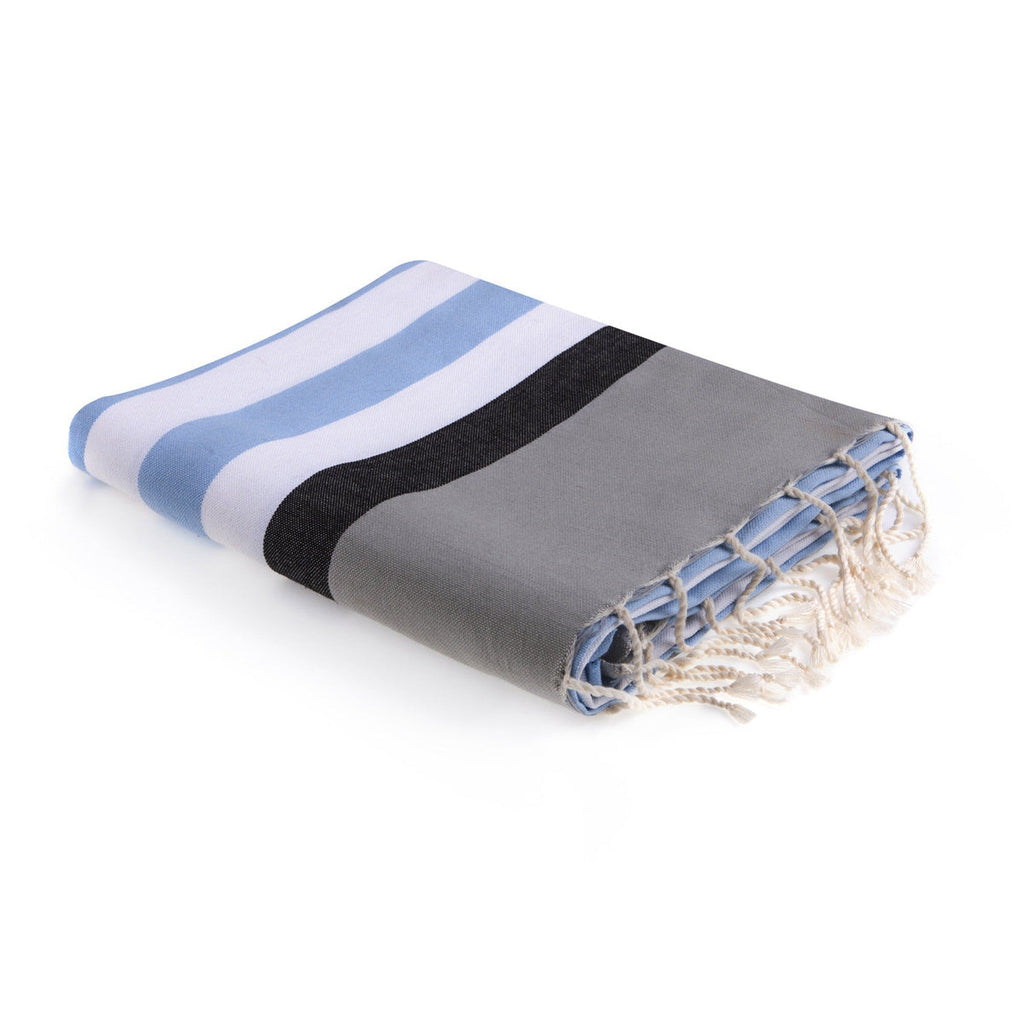 Tricolor cotton fouta 100x200 ARCACHON sky blue / navy blue