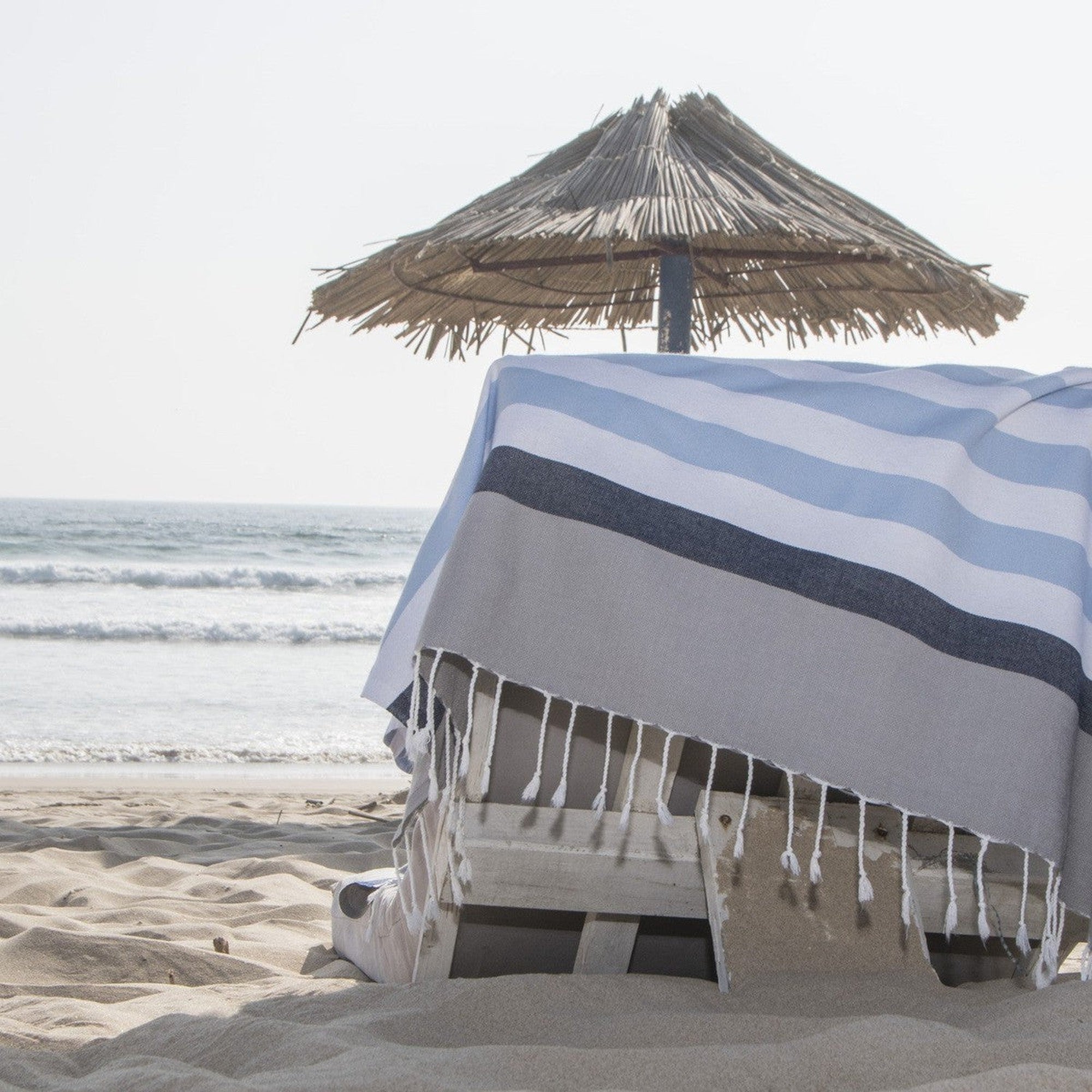 Tricolor cotton fouta 100x200 ARCACHON sky blue / navy blue