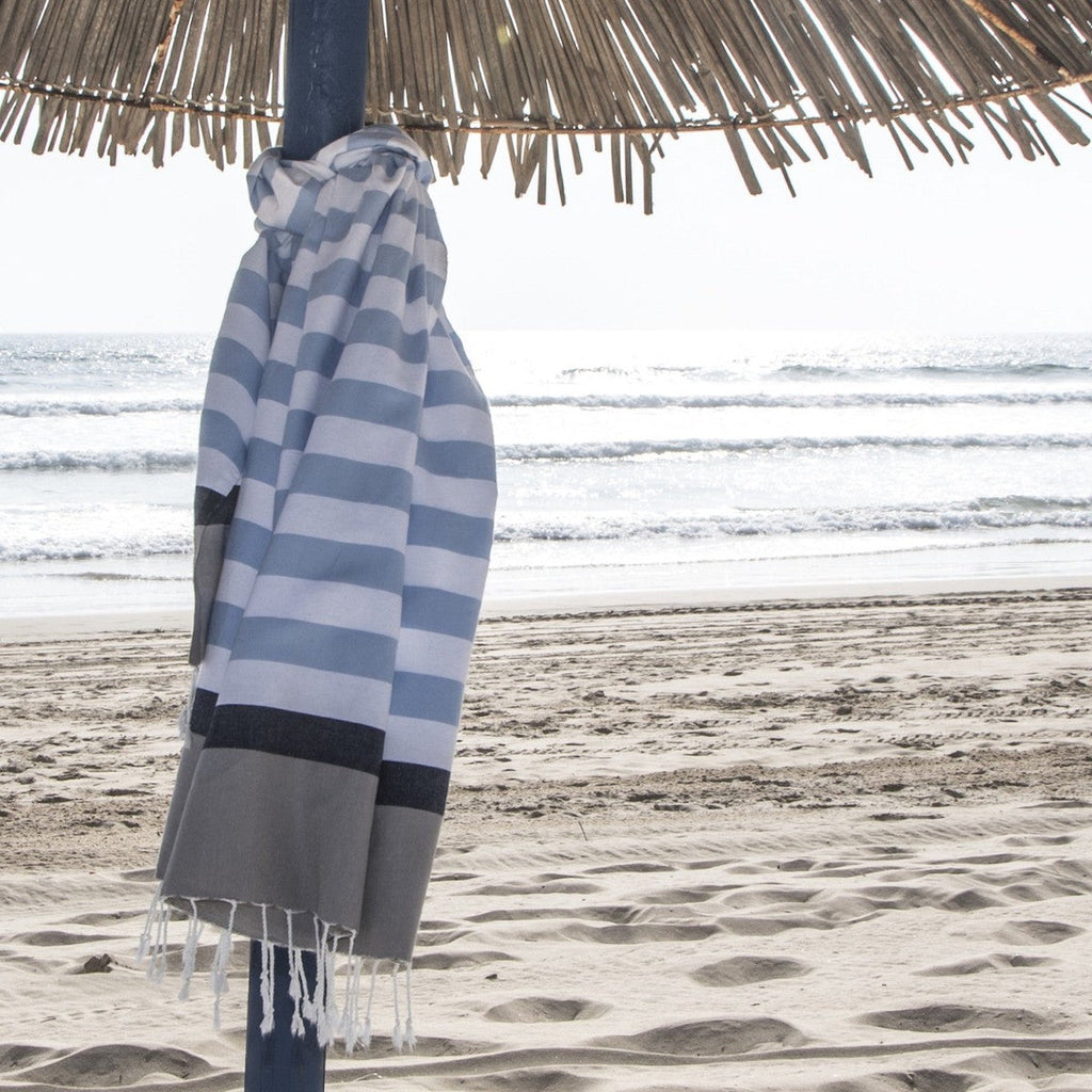 Tricolor cotton fouta 100x200 ARCACHON sky blue / navy blue