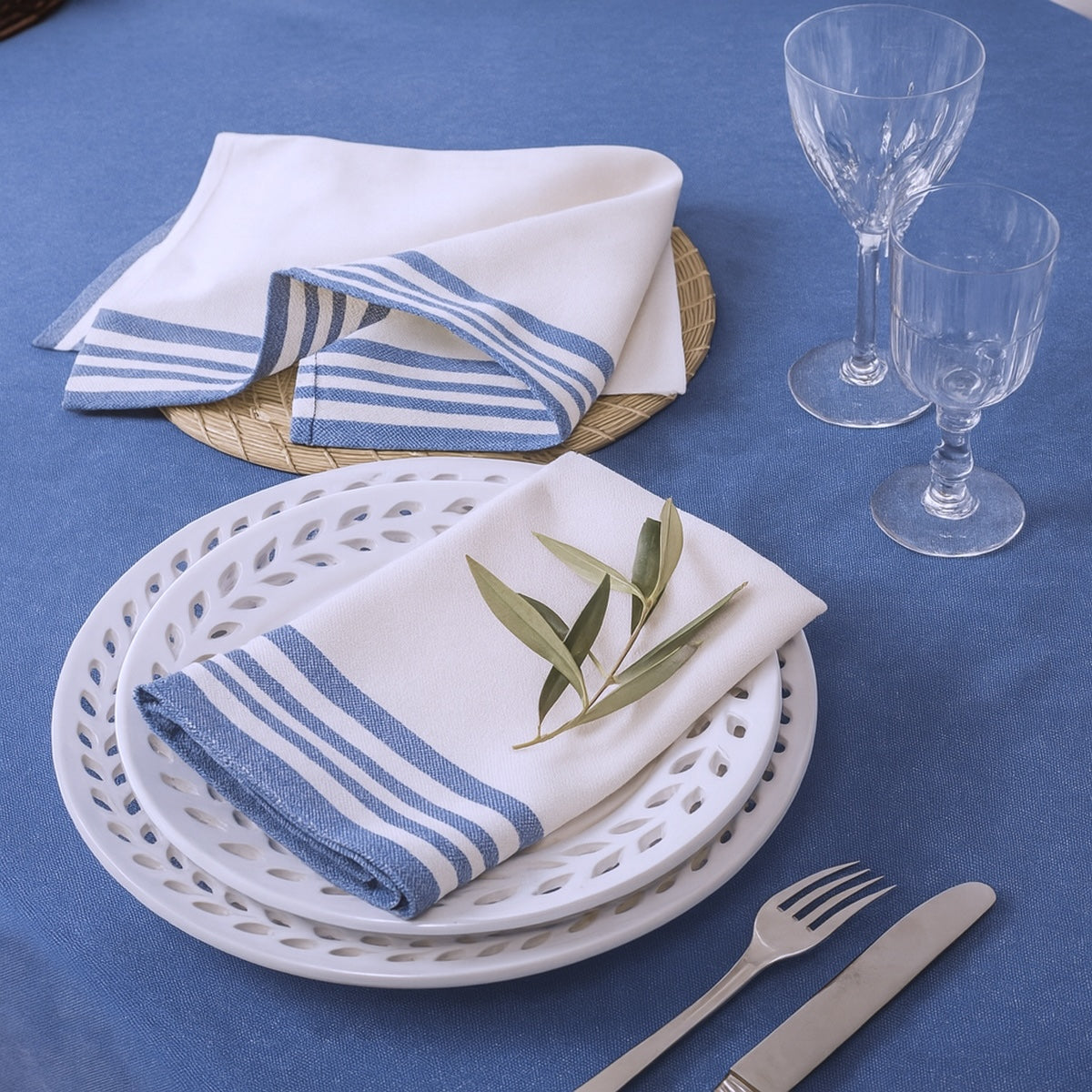 Mahdia - Lot De 4 Serviettes De Table - Blanc/Bleu Grec