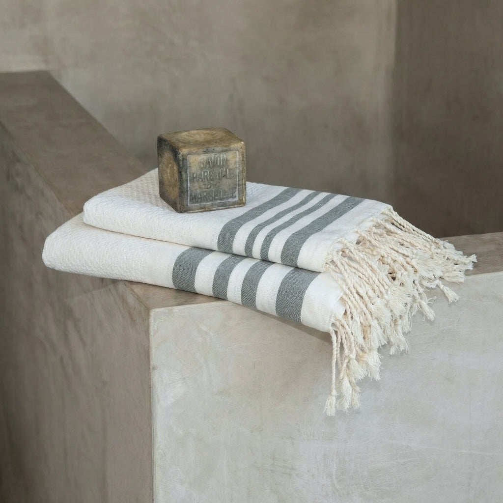 Hamptons - Foutas De Bain (1 Grande et 2 Petites) - Blanc/Vert Sauge